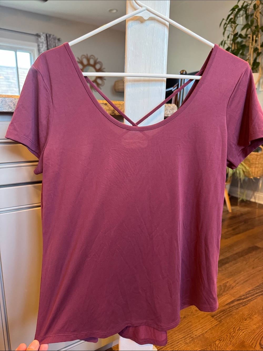 Pink Rose Plum Short Sleeve Tee with Crisscross Back
